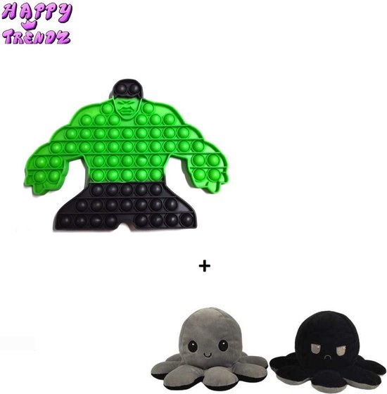 Pop it Hulk 30 cm XL + Mood Octopus Emotie Knuffel Zwart Grijs